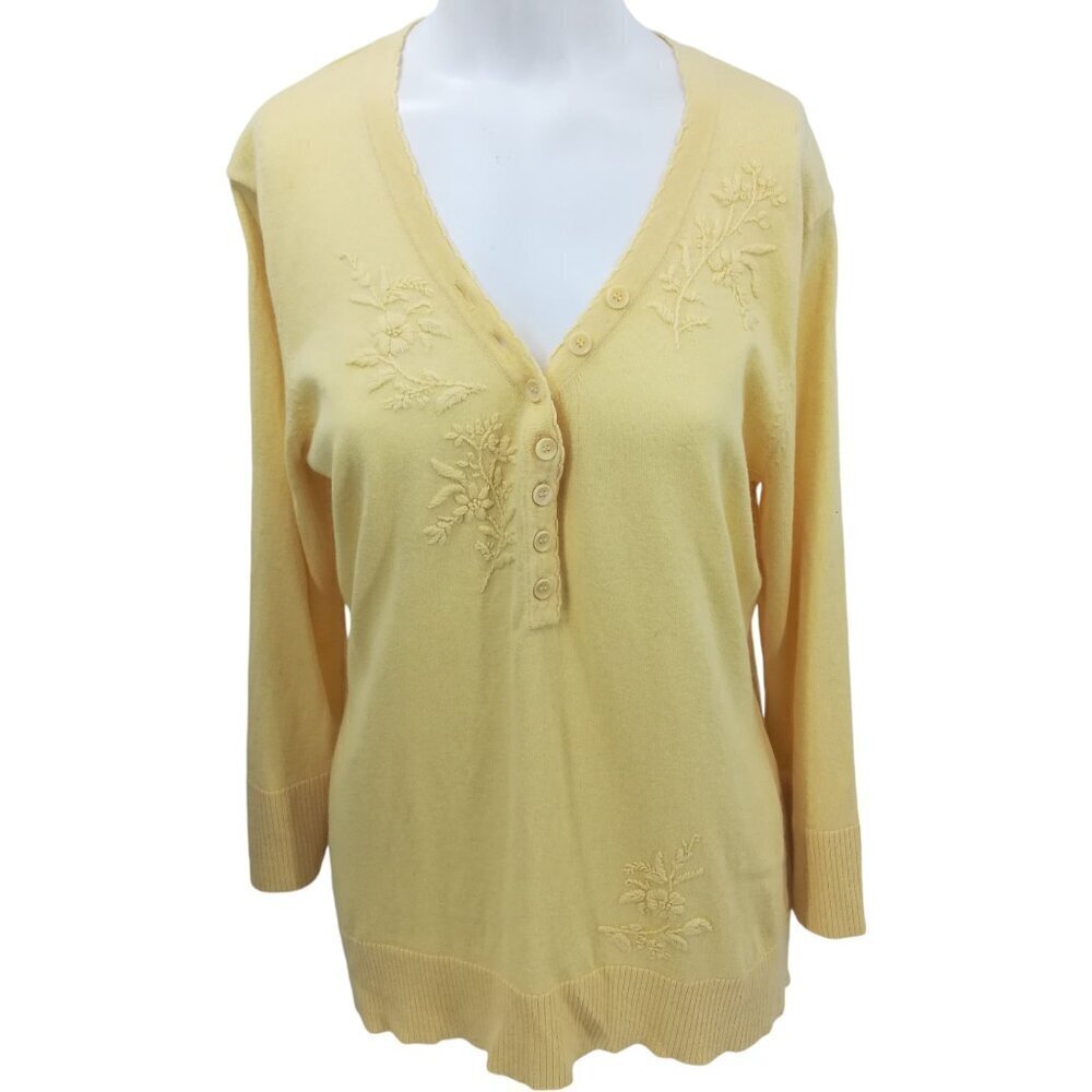 Sundance Yellow Embroidered Pullover Sweater Size L V-Neck Henley Cotton Rabbit